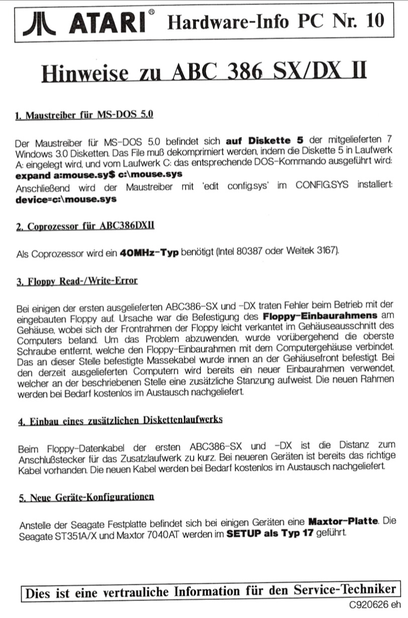 Atari Hardware Info No. PC-10